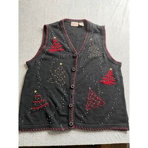 Basic Editions Holiday Womens 1X Black Christmas Tree Vest Sweater Beaded